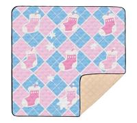 Merry Christmas Blue and Pink Checkered Pattern Soft Foam Baby Playmat for Floor Lightweight Foldable Padded Baby Mat for Babies Infants Toddlers, 50'' x 50''tapete para juegos de