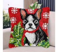 Merry Christmas Boston Terrier Latch Hook Kits Pillow with Printed Canvas DIY Handmade Cushion Crochet Yarn Embroidery Hook and Latch Kit Pillowcase Christmas Decoration 43x43cm