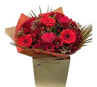 Merry Christmas Bouquet Fresh Red Roses Gerberas Chrysanthemums - Gypsophila in Card Vase Box for Delivery - Festive Floral Arrangement for New Year, Celebration and Gifting