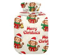 Merry Christmas Brown Monkey Cute hot Water Bottle with Soft Cover, 2L Warm Water Bottle for Bed for Tummy Warmer, Pain Relief, compresas calientes para el vientre
