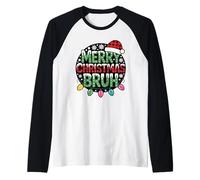 Merry Christmas Bruh Plaid Santa Hat Lights Holiday Humor Raglan Baseball Tee