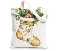 Merry Christmas Candy Socks Canvas Tote Bag for Shopping 13x15, Fun Happy Xmas Reusable Grocery Print Bag for Women, Holiday New Year Aesthetic Painting Gift Decoration