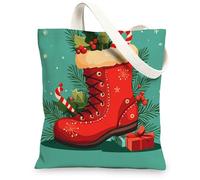 Merry Christmas Candy Socks Canvas Tote Bag for Shopping 13x15, Holly Fun Xmas Reusable Grocery Print Bag for Women Men, Holiday New Year Aesthetic Painting Gift Decor