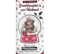 Merry Christmas Card for Granddaughter and Husband, 22.9cm x 12.7cm, Traditional Xmas Design with Teddy Bear