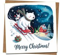 Merry Christmas Card - Polar Bear & Bunny Sledding Winter Scene, Square Greeting Card 145mm x 145mm, Blank Inside, Includes Kraft Envelope - Cute Holiday Card for Kids, Family & Friends