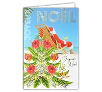 Merry Christmas Card Santa Red Hat Cocktail Deckchair Beach Sand Sea Blue Turquoise Tree Flowers Exotic Tropical Tropical DOM-Tom Gold Glossy