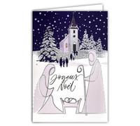 Merry Christmas Card Shiny Silver Glitter with White Envelope Size 12 x 17.5 cm - Illustration Nativity Scene Jesus Marie Joseph Church Mass Christmas Tree Landscape Design - Made in France