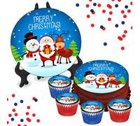 Merry Christmas Cartoon 8 INCH Cake or Cupcake Icing Toppers - Fun Xmas Kids Party Cake Decorations Perfect For Brownies Cookies Muffins & More! (1 x 8 Inch Circle Cake Topper (20.3cm x 20.3cm))