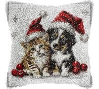 Merry Christmas Cat and Dog DIY Latch Hook Kits Pillow with Printed Canvas Cushion Crochet Yarn Embroidery Hook and Latch Kit Pillowcase Christmas Decor 43x43cm