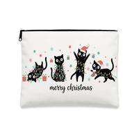 Merry Christmas Cats Makeup Bag, Adorable Holiday Cosmetic Pouch for Women, Portable Small Canvas Zipper Organizer, White, 7x9 Inch, Cats