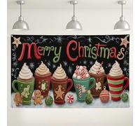 Merry Christmas Coffee Cups Backdrop, Cute Festive Holiday Decorations for Parties, Winter Wonderland Indoor/Outdoor Photo Background Supplies 71x43 Inch