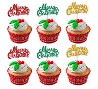 Merry Christmas Cupcake Topper 36 Pcs Glitter Red Green Gold Merry Christmas Cake Topper Decorations Set Christmas Cake Topper Picks Christmas Cake Decorations for Xmas New Year Holiday Party Supplies