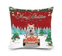 Merry Christmas Custom Throw Pillow Cover Cute Dog Westie in the Car Christmas Tree with Snowman Bells Snowflake Decor Winter Couch Cushion Pillowcase 18x18 Inch Square Print Double Sides