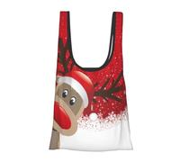 Merry Christmas Cute Cartoon Elk Print Reusable, Foldable,Washable Grocery Bags Foldable in A Pouch Eco Tote Shopping Bag,Daily Shopping Loading