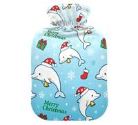 Merry Christmas Cute Dolphin hot Waterbottle with Soft Cover, 2L Warm Water Bottle for Bed for Hand Feet Warmer, Hot and Cold Therapies, compresas calientes para el vientre
