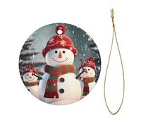 Merry Christmas Cute Snowman Christmas Ceramic Ornament - Double-Sided Uv Printed Round Hanging Decoration with Gold String for Tree