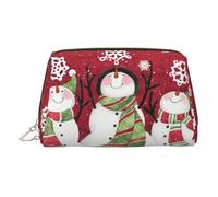 Merry Christmas Cute Snowman Print Premium Leather Toiletry Travel Pouch with Waterproof Portable Pouch Open Flat Makeup Bag