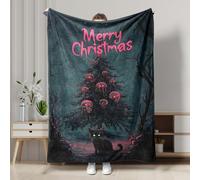 Merry Christmas Dark Cat Skull Throw Blanket, Black Spooky Halloween Style Cozy Decorative for Sofa, Bed, All Season 40x50 Inch