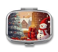 Merry Christmas Day Pill Box 2 Compartment, Portable Pill Case with Mirror for Pocket Purse Travel, Mini Metal Medicine Organizer for Vitamins Fish Oil