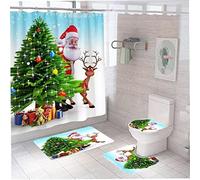 Merry Christmas Decorations Bathroom Accessories Xmas Bathroom Decor Set Including Christmas Shower Curtain,Non-slip Bathroom Rugs, Mat,Toilet Seat Cover for Christmas Ornament Home Decoration