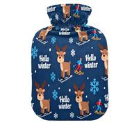 Merry Christmas Deer and Snowflake Navy Blue Travel hot Water Bottle with Soft Cover, 2L hot compresses for The Body for Menstrual Cramps,Menstrual Cramps,Bolsa Caliente para Dolores Menstrual