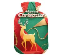 Merry Christmas Deer Green Red hot-Water Bottle with Soft Cover, 2L hot Compress for Tummy Warmer,Tummy Warmer,Bolsa para agua Caliente para Dolor