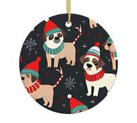 Merry Christmas Dog Christmas Ceramic Ornament Round Hanging Decoration with Gold String, Double-Sided Print Holiday Keepsake Gift for Home & Tree