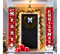 Merry Christmas Door Banner, Red Black Buffalo Plaid Hanging Front Porch Sign Decor for Home Office Yard Indoor Outdoor Xmas Decoration