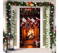 Merry Christmas Door Cover Banner, 2025 Christmas Front Door Cover Decoration Front Porch Sign Banner, 35x70 Inch Large Fabric Wall Garage Hanging Poster, Photo Background D-oor Decoration