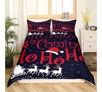 Merry Christmas Duvet Cover King, Santa Clauses Carriage Bedding Set, Xmas Antlers Snowflake Comforter Cover, Starry Sky Elk Bedroom Decor Dark Blue Red Santa Hat Quilt Cover