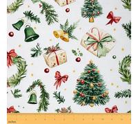 Merry Christmas Fabric by The Yard Cartoon Cute Xmas Pine Trees Fabric for Kids Sewing Supplies Retro Red Bowknot Jingle Bell Rustic Style Fabric for Room Decor and DIY Upholstery 1 Yard,36" L x 59" W