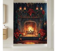 Merry Christmas Fireplace Shower Curtain Set, Family Xmas Landscape Shower Curtain, Holiday New Year Bathroom Accessory, Polyester Fabric Decoration 54''x78''