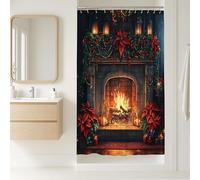 Merry Christmas Fireplace Stall Shower Curtain Set, Family Xmas Landscape Shower Curtain, Holiday New Year Bathroom Accessory, Polyester Fabric Decoration 36''x72''