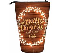Merry Christmas Font Telescopic Pencil Stationery Case Pens Storage Box with Zipper Closure for Women Men Boys Girls Glowing White Lights Wreath Bulb Glow Garland