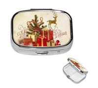 Merry Christmas Gift Pill Box 2 Compartment Round Metal Pill Case for Purse & Pocket, Portable Medicine Organizer Travel Pillbox Daily Pill Container Holder to Hold Vitamins, Fish Oil
