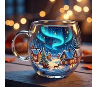 Merry Christmas Glass Mug, Hand Painted Snowflake Glass Mug, Gingerbread House Coffee Cup, Painted Xmas Village Glasses Mugs with Handle for Winter Drinks Coffee Tea Home Office Party Gifts (Blue)