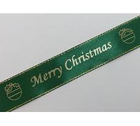 Merry Christmas Green Satin Ribbon with Gold Edge 25mm x 1 Metre Cut from roll