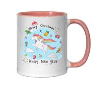 Merry Christmas Happy New Year Colorful Flying Unicorn Ceramic Tea Coffee Mug Pink