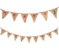 Merry Christmas Hessian Bunting - 2.3m Long Vintage Shabby Chic Christmas Decoration - Rustic Festive Garland Hanging Banner