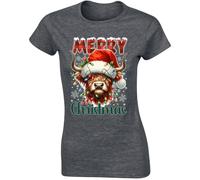 Merry Christmas Highland Cow Lover T-Shirt Xmas Santa Hat Ladies Tee Dark Heather Grey - Medium