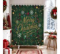 Merry Christmas Holiday Quote Tree Shower Curtain 72x84 Inch | Gold Script Lettering, Winter Snowflake Pattern, Decorative Holiday String Lights, Traditional Pine Tree Motifs