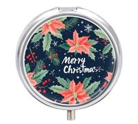 Merry Christmas Holly Leaves Poinsettias Round Pill Box Organiser 3 Compartment Medicine Case