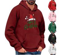 Merry Christmas Hoodie Mens Xmas Jumper Santa Hat Pullover Drawstring Hooded Sweatshirts Long Sleeve Hoody Fleece Lined Tops Ugly Christmas Sweaters Warm Sportswear Xmas Costume with Pocket