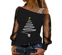 Merry Christmas Jumpers for Women Sparkly Tops Ladies Christmas Tree Off The Shoulder Long Sleeve Xmas Snowflake Casual Winter Sweater Santa Chunky Jumper Top UK Plus Size S-XXL Black