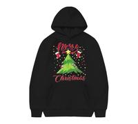 Merry Christmas Kids Xmas Tree Print Hoody Sweater Long Sleeve Funny Hoodie with Pocket Cozy Fleece Fashion Casual Pullover Merry Christmas Jumper for Boys Girls Winter Daily (Black, 11-12 Years)