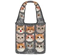 Merry Christmas Kitten Faces on Grey Background Canvas Tote Bag for Women, Medium Reusable Grocery Totes Washable and Eco-friendly