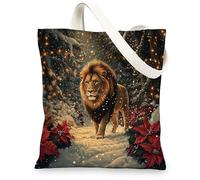 Merry Christmas lion Canvas Tote Bag for Shopping 13x15, Forest Snow Animal Xmas Reusable Grocery Print Bag for Women Men, Holiday Wildlife Aesthetic Painting Gift Decor
