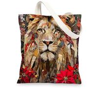 Merry Christmas lion Canvas Tote Bag for Shopping 13x15, Patchwork Animal Xmas Reusable Grocery Print Bag for Women, Holiday Wildlife Beach Aesthetic Painting Gift Decor