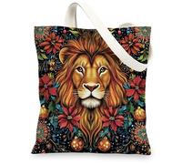 Merry Christmas lion Canvas Tote Bag for Shopping 13x15, Poinsettia Animal Xmas Reusable Grocery Print Bag for Women, Holiday Wildlife Aesthetic Painting Gift Decoration