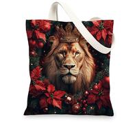 Merry Christmas lion Canvas Tote Bag for Shopping 13x15, Poinsettia Animal Xmas Reusable Grocery Print Bag for Women, Holiday Wildlife Beach Aesthetic Painting Gift Decor